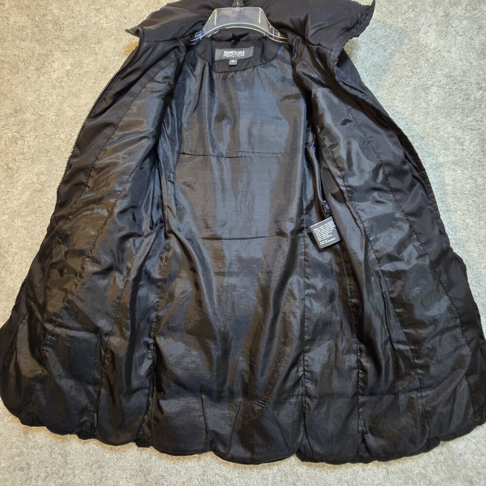 Kenneth Cole Reaction Down Hooded Puffer Coat Full Zip Chevron Black Quilted XS - Picture 13 of 16